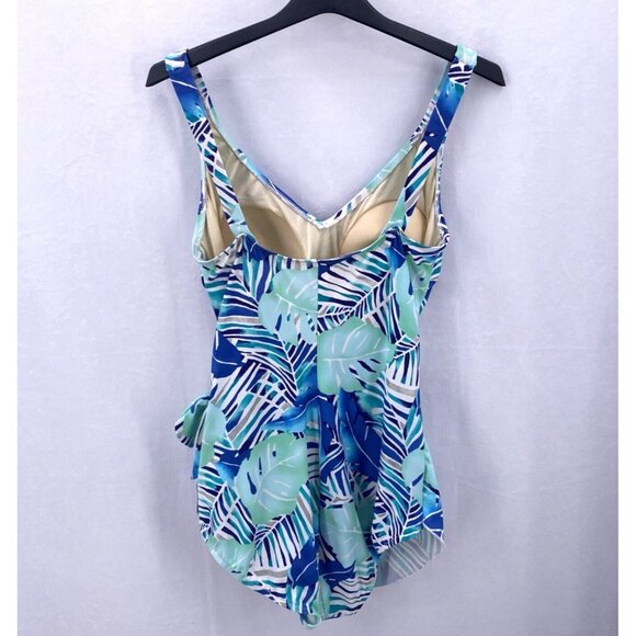 Maxine of Hollywood Swimsuit 16 Multicolor Leaf Print Draped Skirt Front Tie - Picture 4 of 12